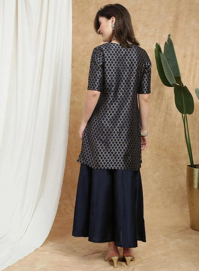 globus Women Navy Blue Printed Kurti with Flared Palazzo Set